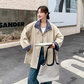 韩版撞色拼接风衣女2026春新款修身显瘦中长款翻领通勤外套