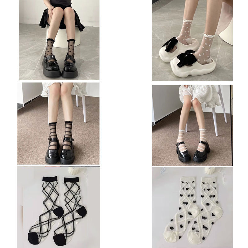 Ins Summer Black and White Love Ultra-thin Glass Silk Short Socks Children's Mid-size Socks Ins Trendy Wood-ear Internet Celebrity All-match