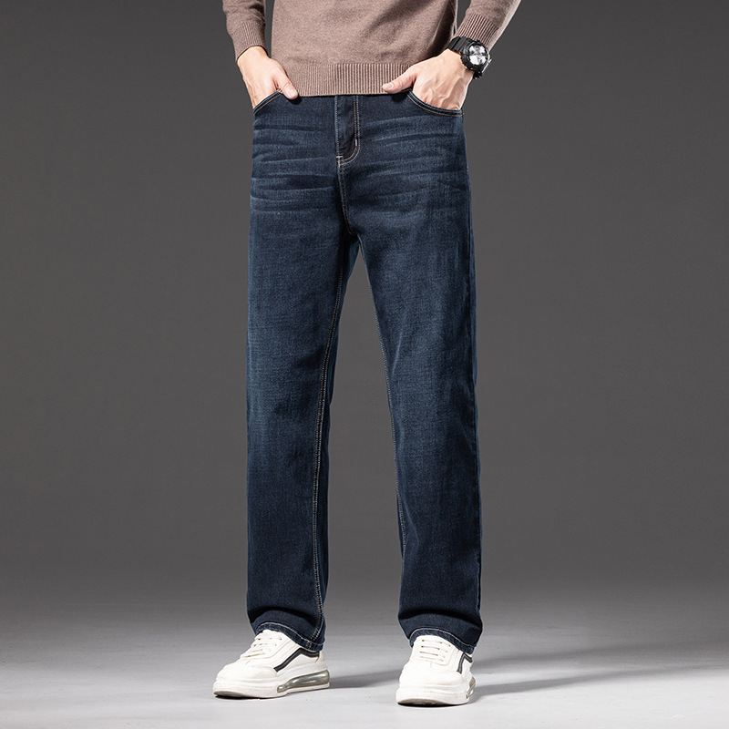 Spring and Autumn New Men's Jeans Elastic Business Straight-Leg Jeans Men's Long Pants with Fleece Lining and Thickened