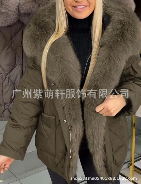 2025亚马逊秋冬新款跨境欧美时尚外贸女装气质优雅连帽中长款棉服|undefined