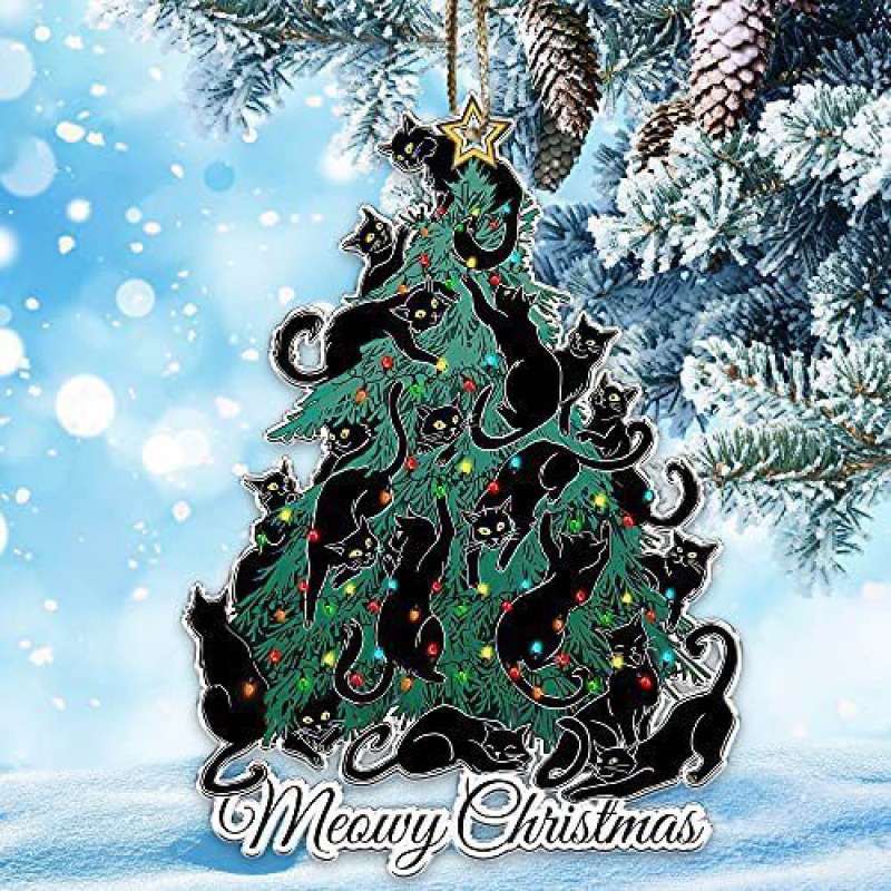 Creativo transfronterizo nuevo 20223 negro gato expresión divertida casa árbol de Navidad decoraciones adornos de acrílico colgante image 4