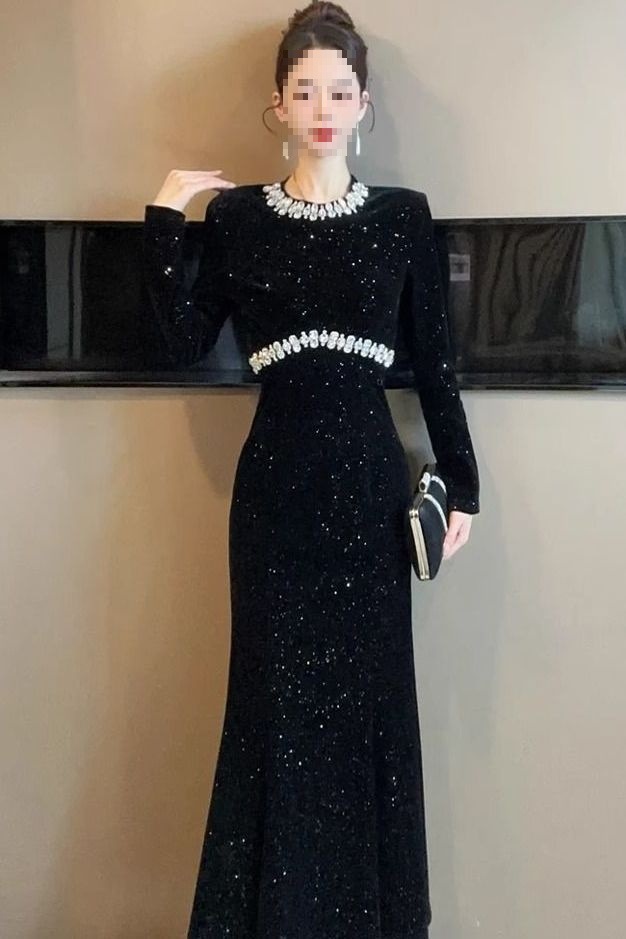 European-style Black For Women, Spring Collection, Heavy-duty Rhinestone Embellished Party Gown, Light Luxury Fishtail_ecoleips.com