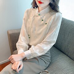 新中国風国風長袖シャツ女性2023秋の新しいデザイン感復古ジャカード盤ボタン雪紡織上着