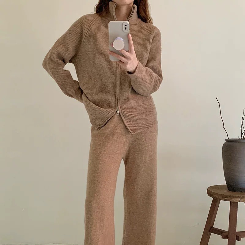 欧美针织拉链毛衣外套长裤套装Knitted zipper sweater pants set|undefined