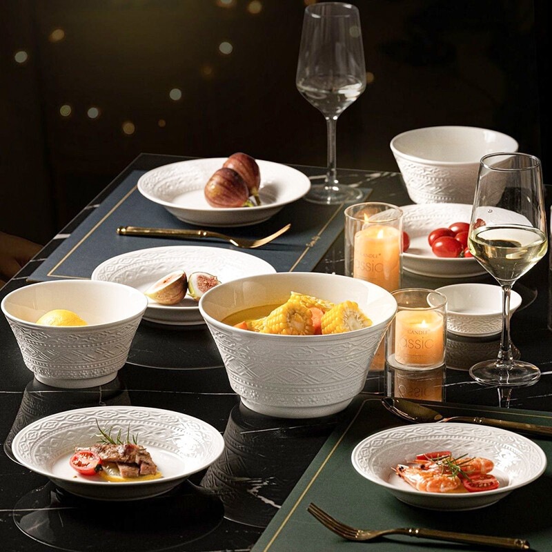 New simple white embossed household ceramic tableware set, bowl and plate combination, housewarming gift box, underglaze color, light luxury New simple white embossed household ceramic tableware set, bowl and plate combination, housewarming gift box, underglaze color, light luxury