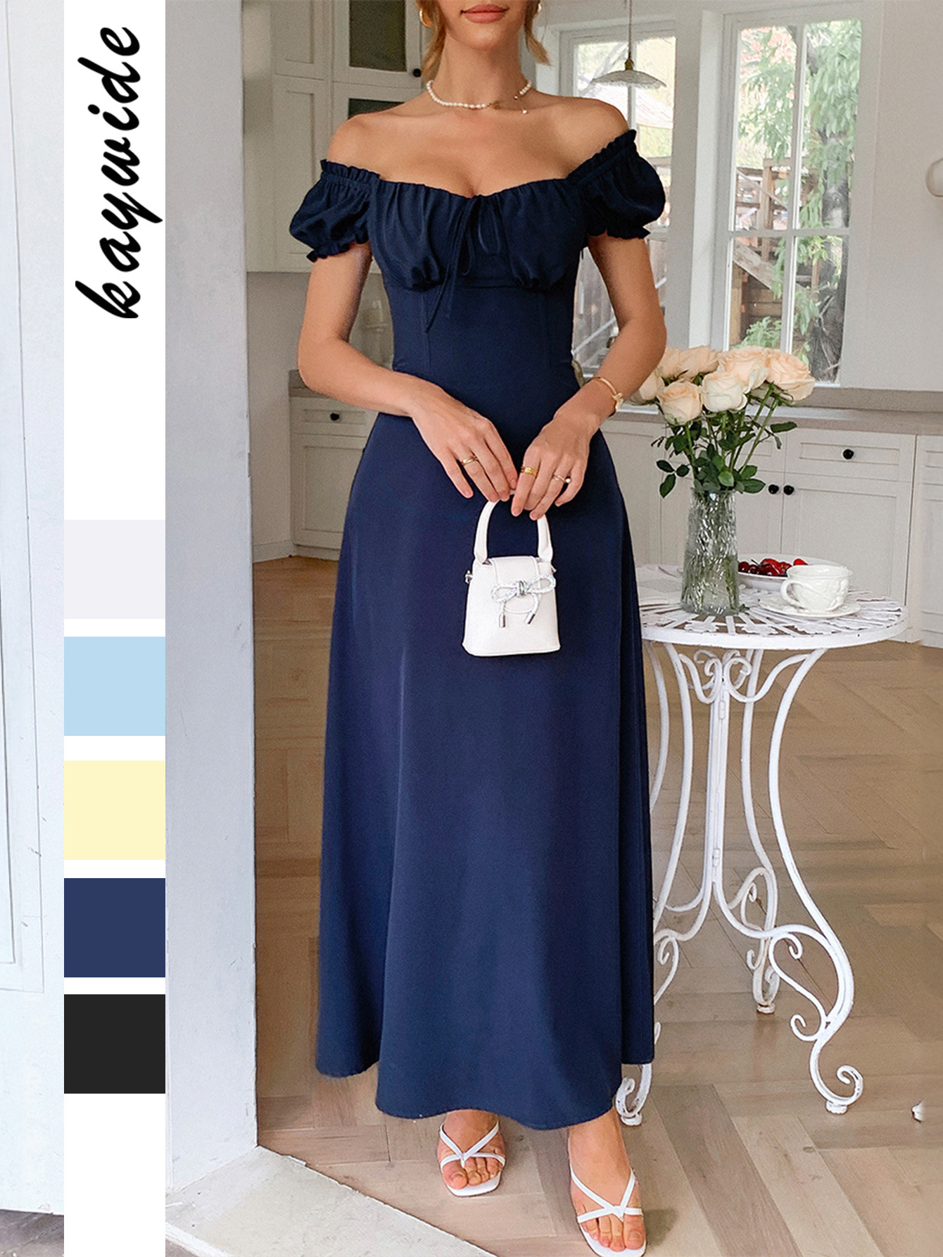 Cross-Border European and American Party Evening Dress Off-Shoulder Short-Sleeve Dress for Women 2025 Spring and Summer Amazon High-Waisted Slimming