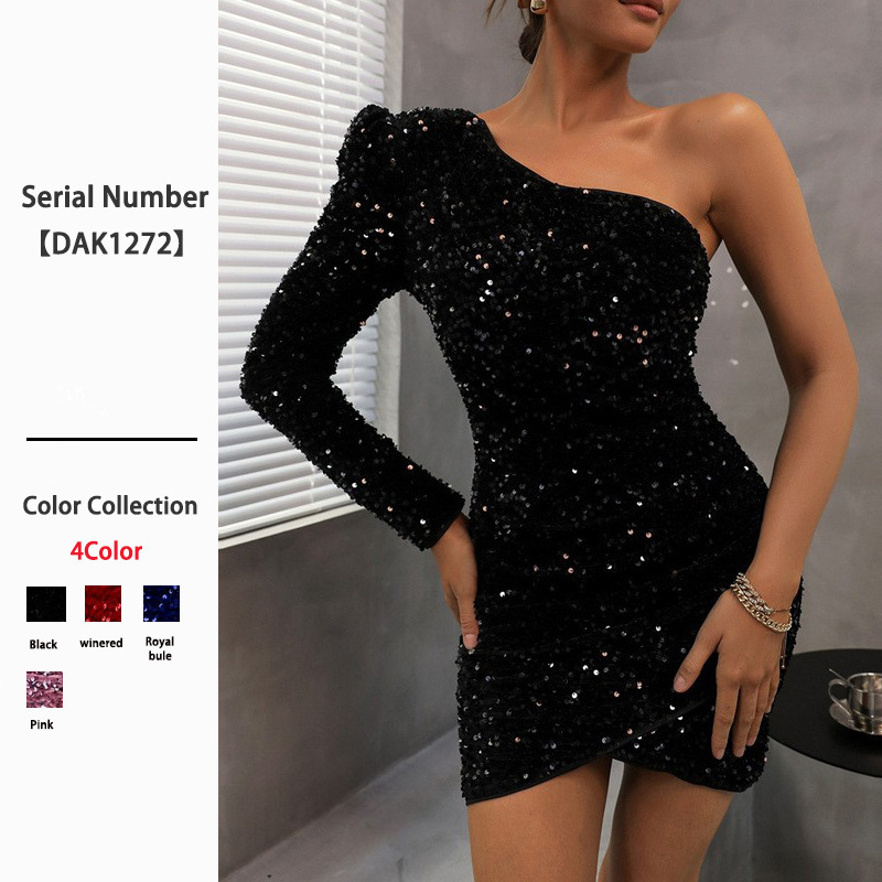 2025 Summer New Sexy One-Shoulder Sequin Dress High-End Solid Color Evening Dress Tight-Fitting Hot Girl Bodycon Dress