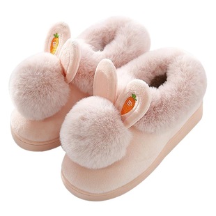 Winter cotton slippers women's bag heel home indoor thick bottom bag heel warm confinement shoes cute rabbit ears slippers women's winter