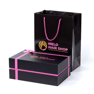 Tailor-Made Black Heaven and Earth Cover Gift Box with Ribbon Bow Cosmetics Wig Packaging Box Bag Set