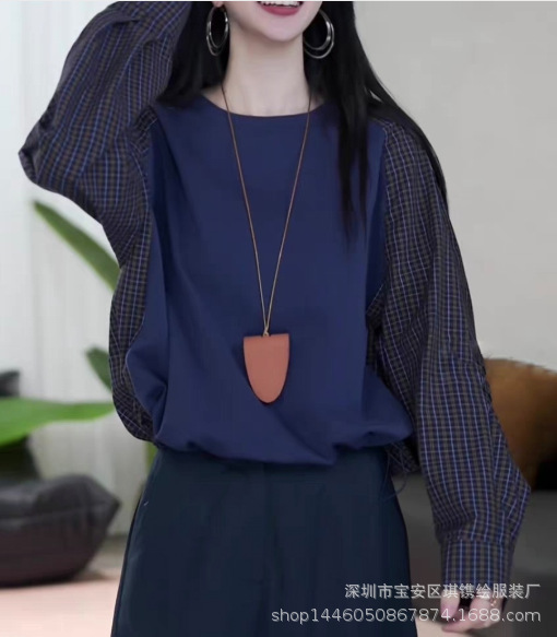琪镌绘制轻奢复古格纹拼接假两件圆领长袖卫衣衬衫女秋季宽松上衣|undefined