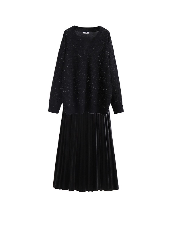 60-150kg Plus Size Fashionable Two-Piece Set 2025 Autumn and Winter Fat mm Sequined V Neck Knitwear Pleated Skirt