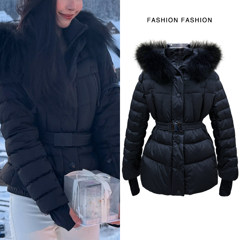 Black Big Wool Collar Down Jacket Women's Winter Thickened Warm Waist Slimming Belt Ski Jacket 2024 Winter Jacket