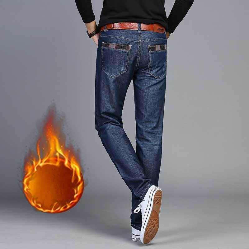New men's jeans for early winter, business casual slim-fit stretch straight-leg loose-fit long pants with a thin fleece lining
