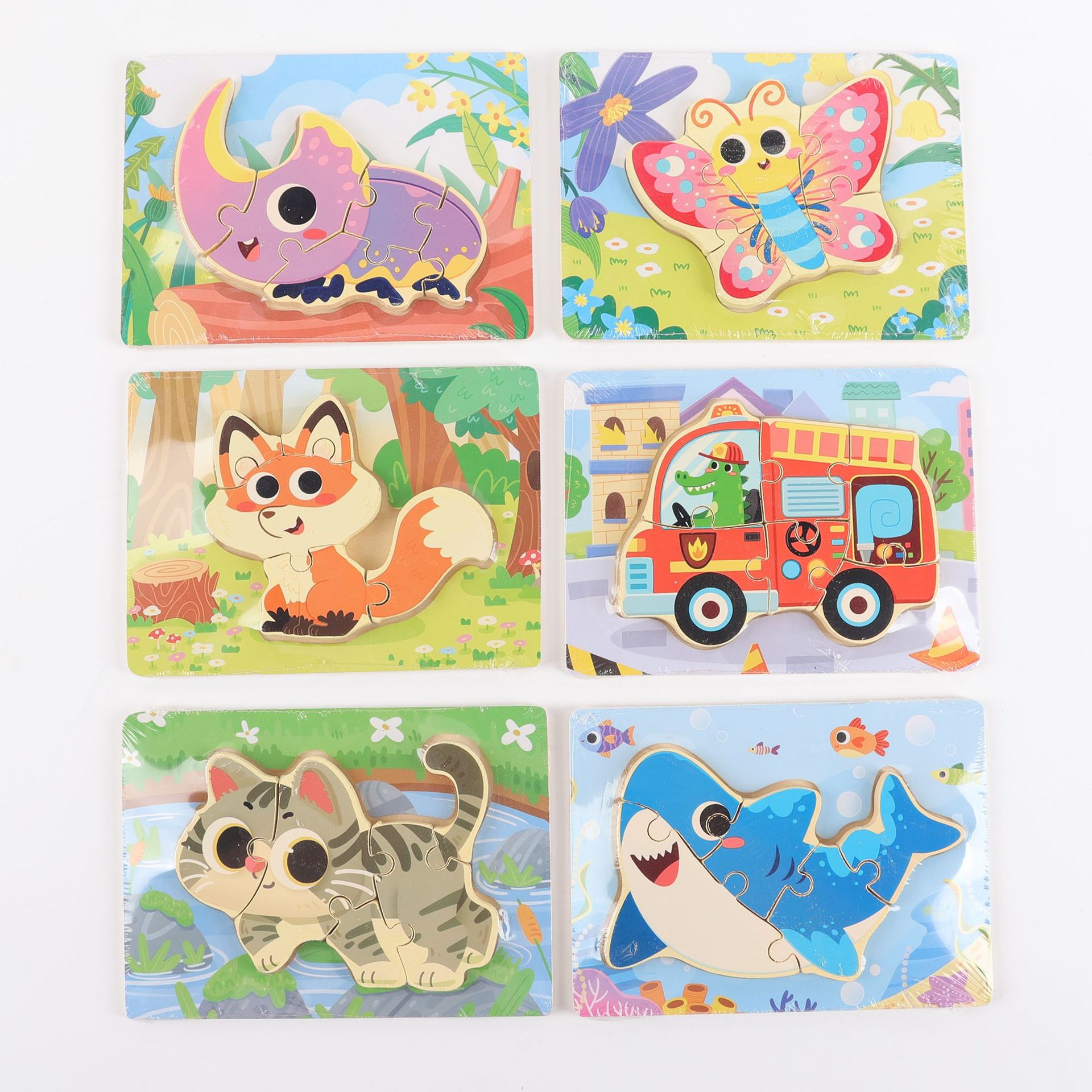 Puzzle de madera plano pequeño puzzle infantil juguetes de dibujos animados animales de tráfico cognitivo bloque al por mayor