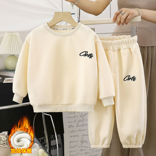 Thickened sweater set, spring and autumn two-piece set for middle and large children, winter, boys and girls, cashmere children's wear, New Year's wear, middle and small children