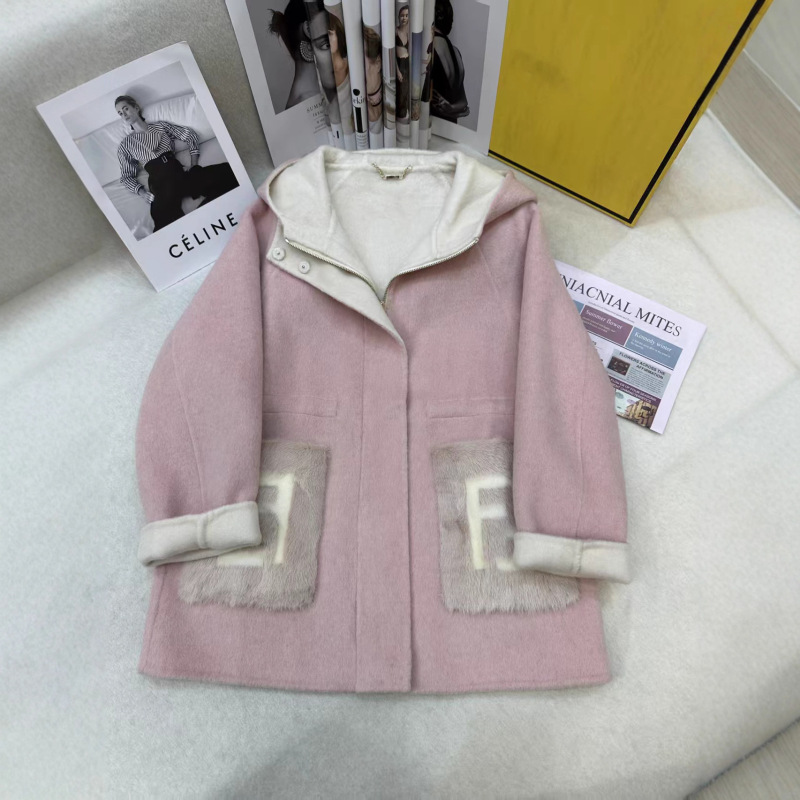 New Nanyou High-End F Letter Pocket Color-Blocking Double Pocket Long-Sleeve Knit Cardigan Zip-Up Jacket with Hood Versatile