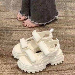 Sandals for Women 2025 Summer New Soft Leather Thick-Soled Platform Roman Shoes Velcro Women's Shoes Beach Shoes Trendy
