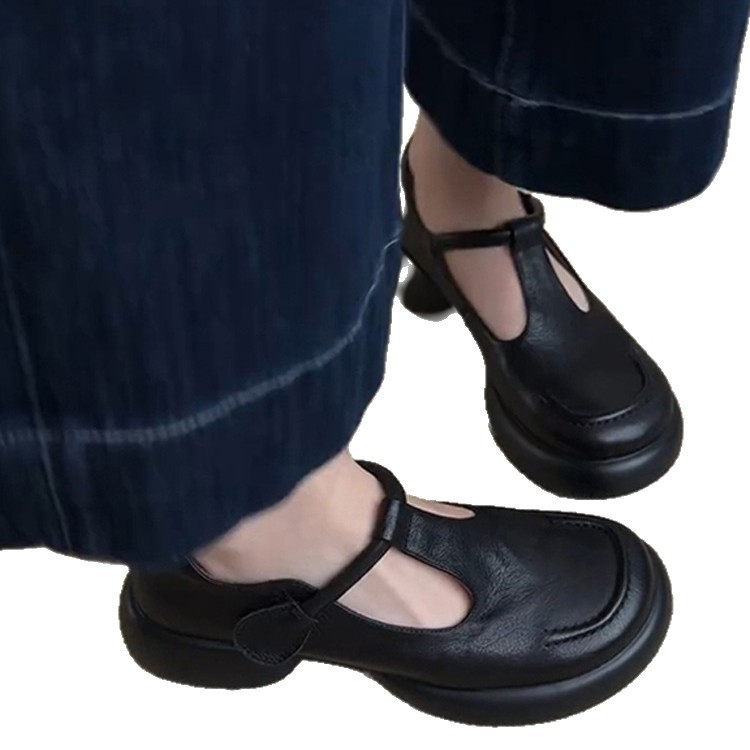 羊皮版~真皮复古简约圆头厚底玛丽珍鞋女通勤百搭黑色小皮鞋单鞋|undefined