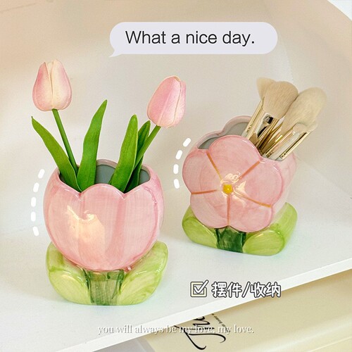 Pen holder tulip flowers ceramic ornaments desktop office dormitory creative makeup brush storage bucket stationery storage