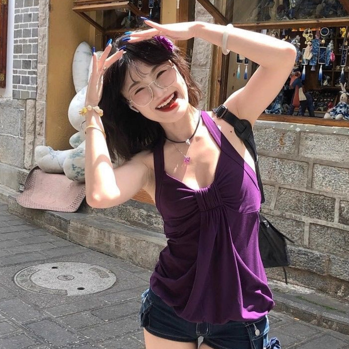10165#韩系新款甜辣分蝴蝶结挂脖背心女显瘦一体式带胸垫百搭上衣