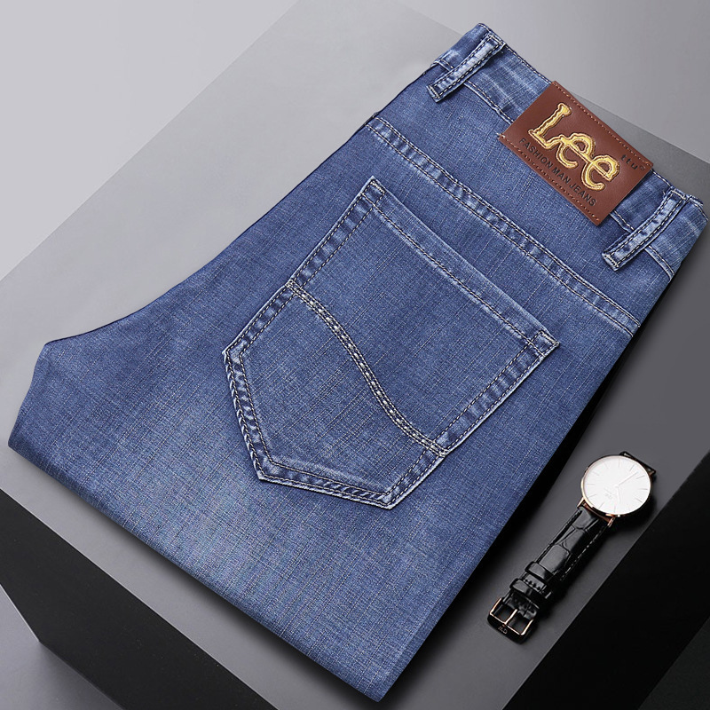 Li Le Foreign Trade Single High-end Blue Light Business Jeans Men's Stretch Slim-fit Straight Summer Thin Soft Tiansei Cotton Pants