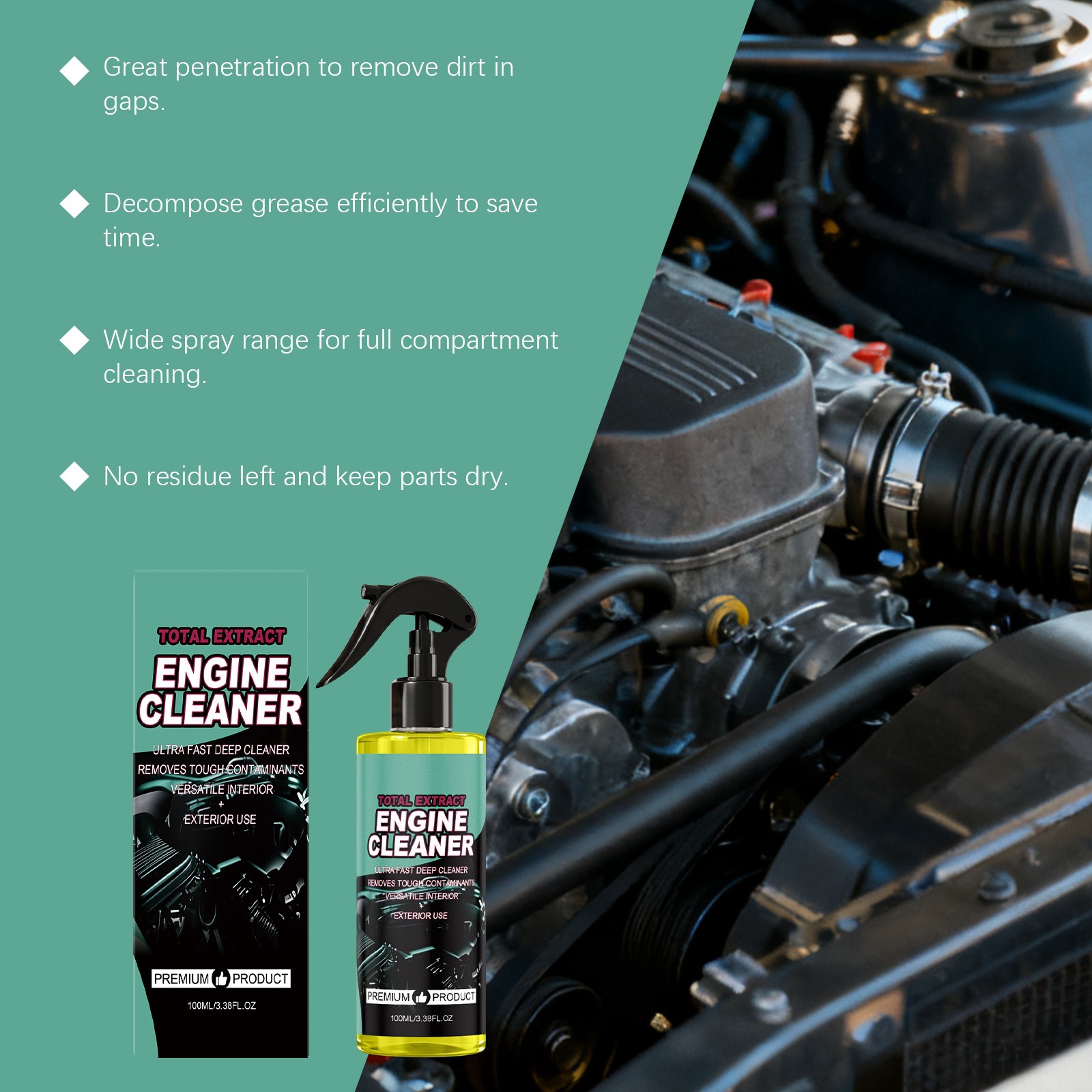 Engine cleaner for cleaning and refurbishing oil stains and carbon deposits on the surface of the car engine compartment, as well as for daily maintenance