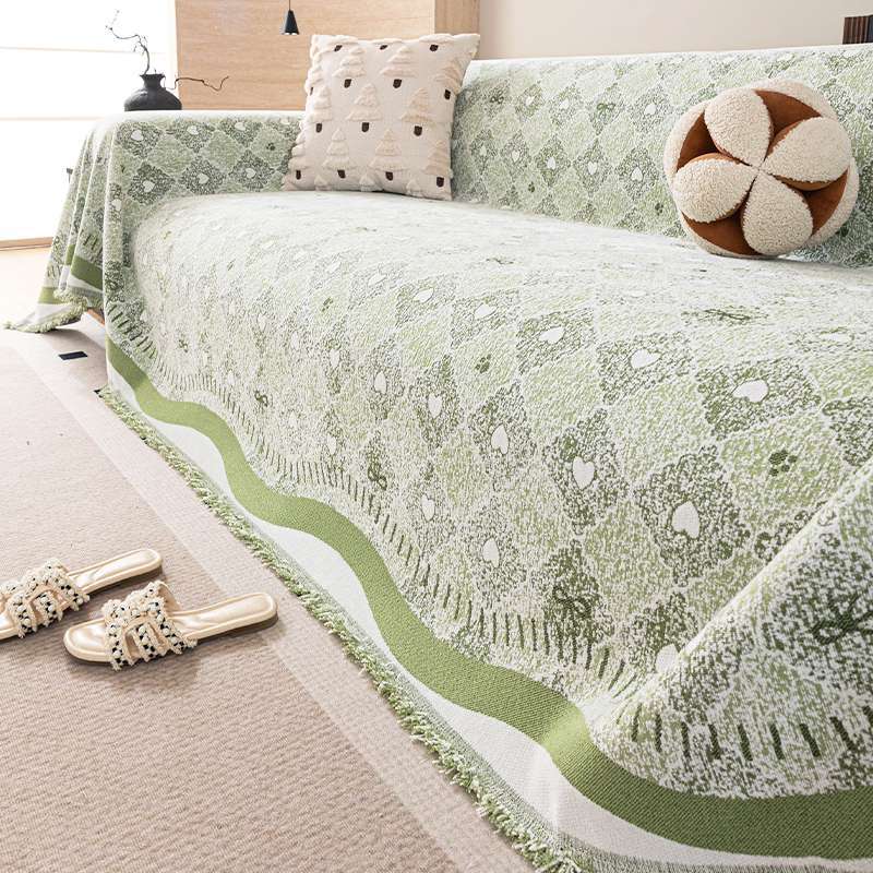 Sofa Cover Green Geometric Pattern With Tassel Edge, All Seasons_voghion.com