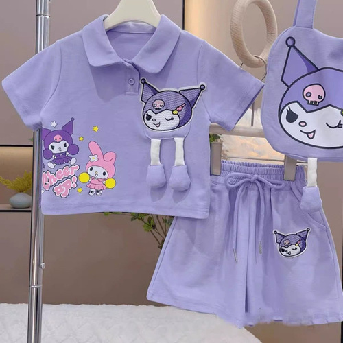 Kurumi Girl's Short Sleeve Set 2025 Summer Children's Polo Neck Mary Jane Shorts Sport Two-Piece Set