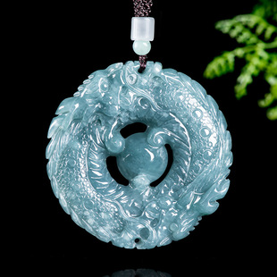 Natural A Goods Jade Blue Water Double Dragon Play Pearl Dragon Brand Zodiac Dragon Brisk Pendant Ice Jade for Men and Women