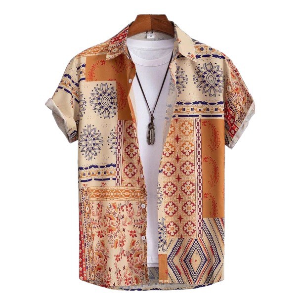 Camisa masculina de manga curta estampada com elasticidade em quatro direções, estilo japonês moderno e folgada, nova camisa masculina._voghion.com