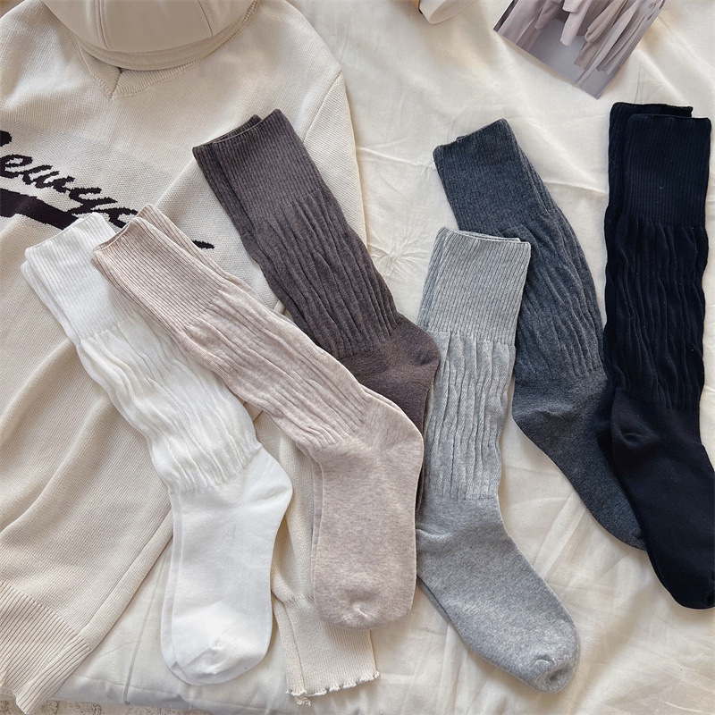 Korean style gray calf socks brown twist socks solid color pleated design women's socks ballet style outer wear half high socks