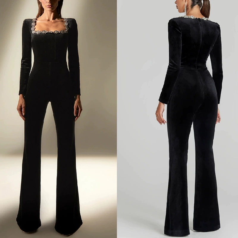 Внешняя торговля Независимая станция Трансграничная 2025 Новый европейский и американский бриллиантовый бархатный квадратный воротник с длинными рукавами и узкой талией