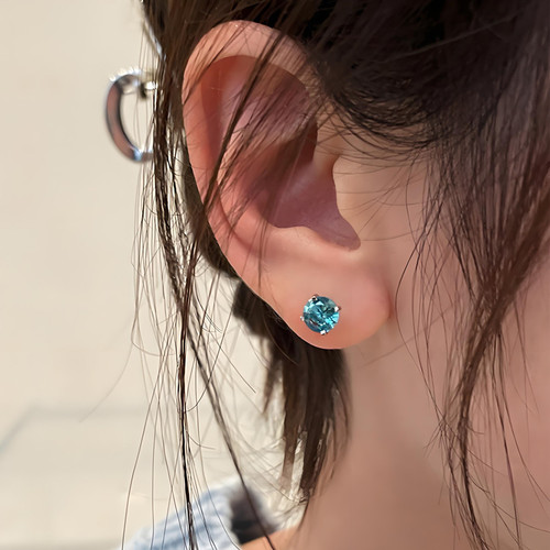Blue Zircon Earrings with 925 Silver, Light Luxury, High-End, Colorful, Everyday Match, Instagram Pink, Sparkling Diamond, Flashy, Spiral Inside