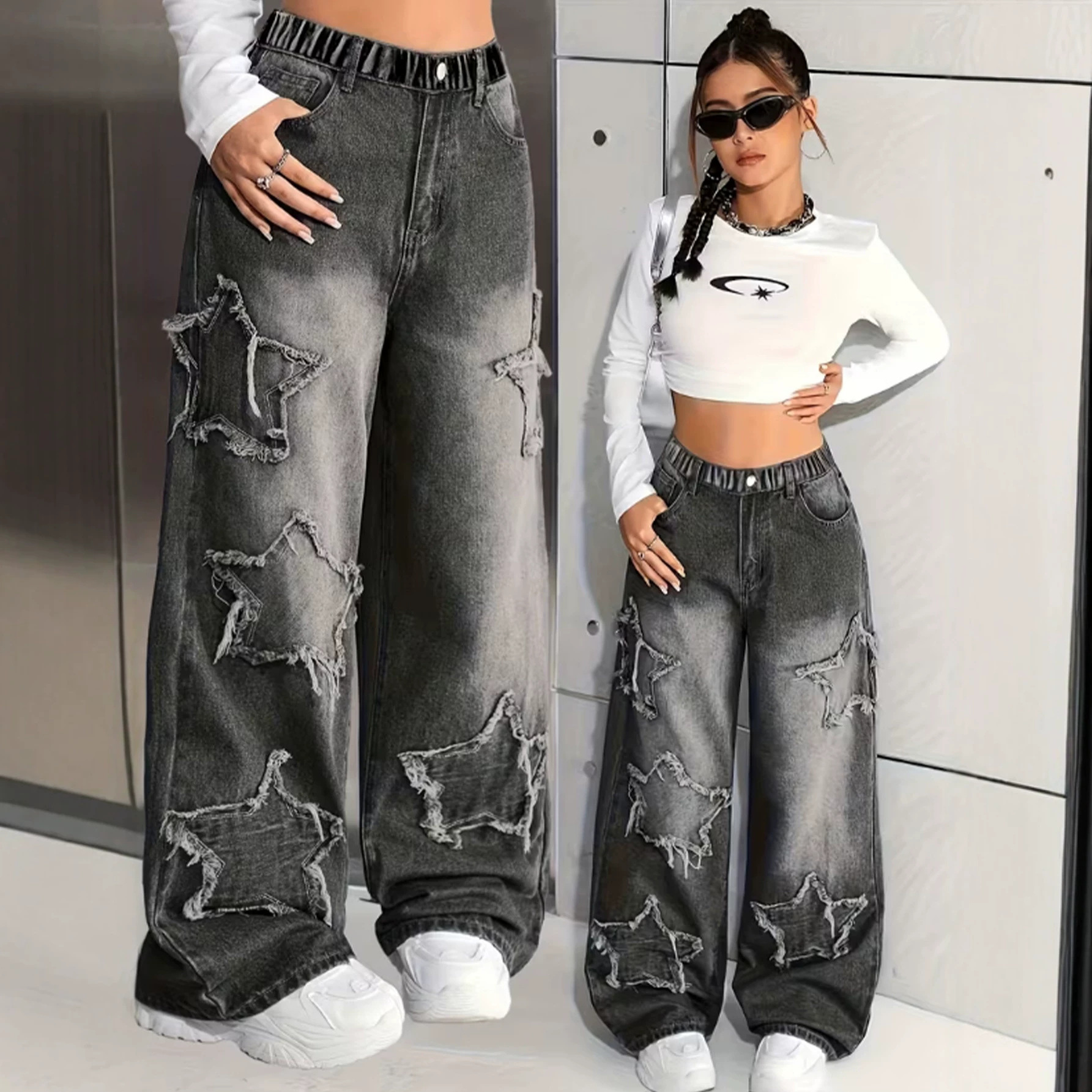 Cross-Border Girls' Spring and Autumn Jeans New Style for Older Children, Loose Casual Straight-Leg Pants, Stylish Versatile Wide-Leg Pants for Kids