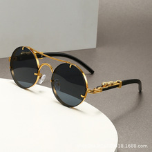 跨境欧美猎豹复古双梁圆框太阳眼镜个性高级感男时尚墨镜木纹腿潮