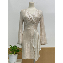 时尚新款轻奢亮片V领礼服裙轻奢小众名媛气质包臀收腰连衣裙