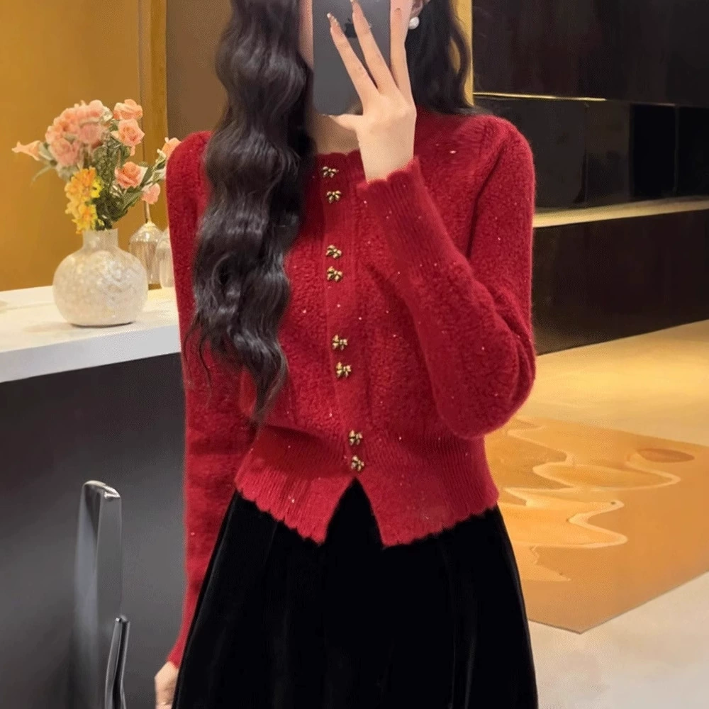 Анкора красный трикотажный кардиган женский осень-зима 2024 новый корейский стиль атмосфера