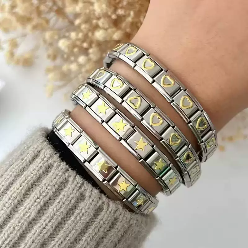 stainless steel bracelet, removable elastic link watch strap, italian european style, assorted charms