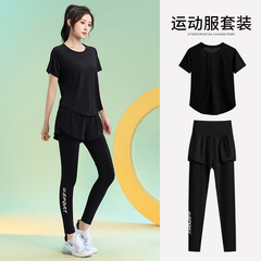 跑步运动T恤女夏季薄款修身显瘦速干瑜伽上衣普拉提训练健身套装