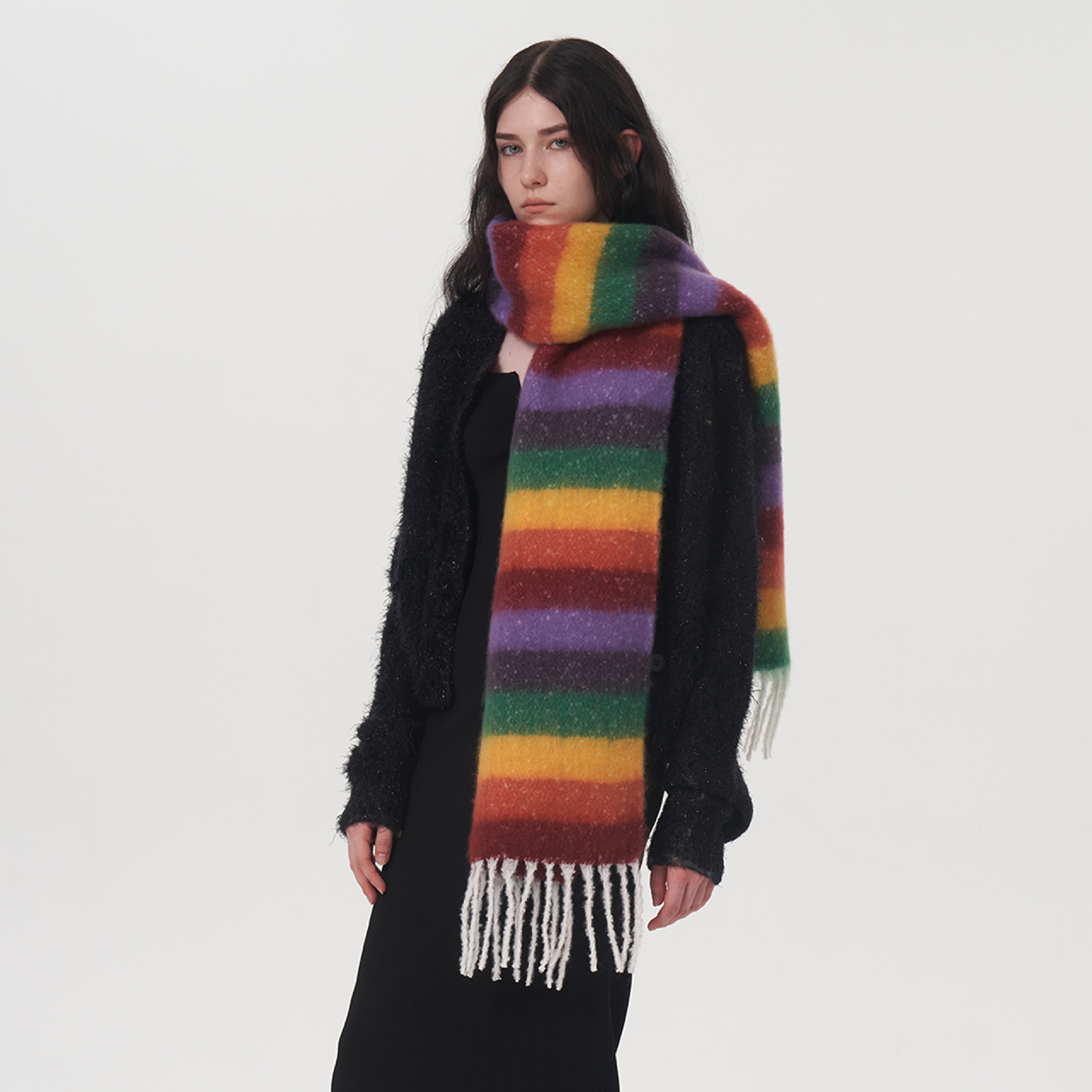 Sciarpa scozzese a righe con nappe e strisce dopamine ac, calda e spessa, stile designer, nuova collezione autunno e inverno per donna_voghion.com