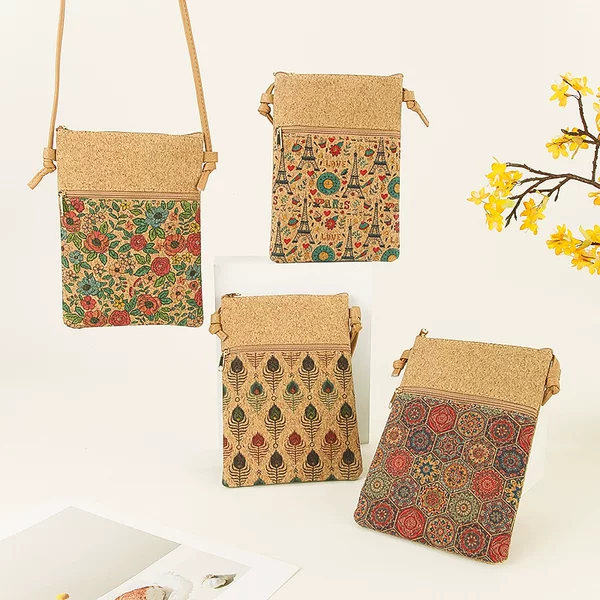 Popular Bohemian Style Cork Mobile Phone Storage Bag Women's Crossbody Bag Shoulder Strap Adjustable Travel Souvenir