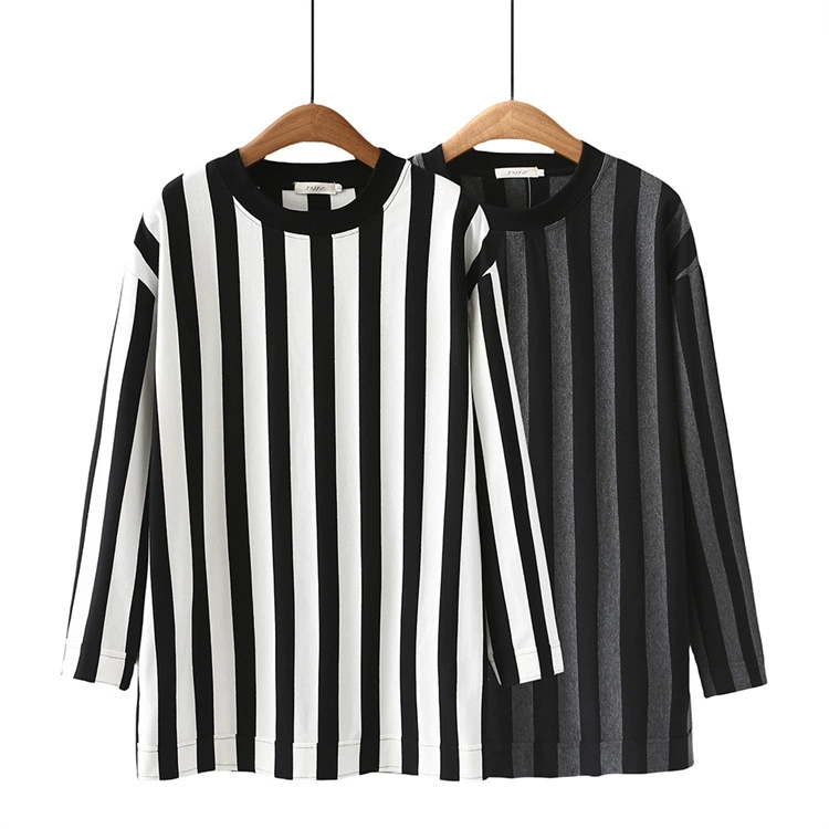 Большой размер женский топ 2024 весна новая толстая сестра тонкая и дикая полоска с круглым вырезом футболка нижняя рубашка 745