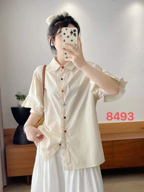 2025 Summer Clothing Lace Sleeves Colorfulful Buttons Loose Women's Cardigan Short-Sleeved Shirt Tops Wholesale