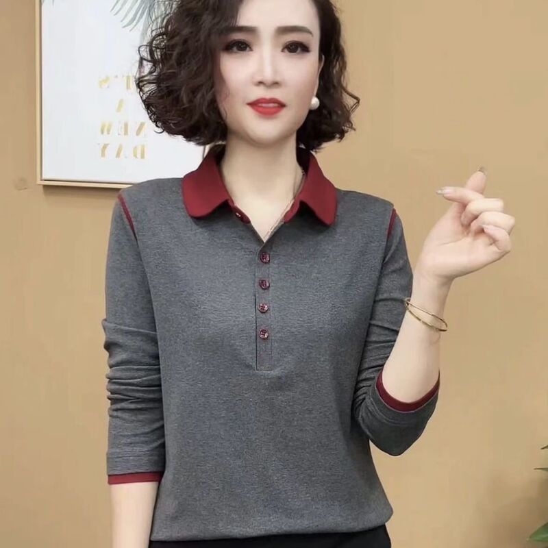 Long-sleeved T-shirt Women's Spring and Autumn Lapel Mother's Age-reducing Collar Top All-match New Style 2025 Western Style Polo Shirt Long-sleeved T-shirt Women's Spring and Autumn Lapel Mother's Age-reducing Collar Top All-match New Style 2025 Western Style Polo Shirt