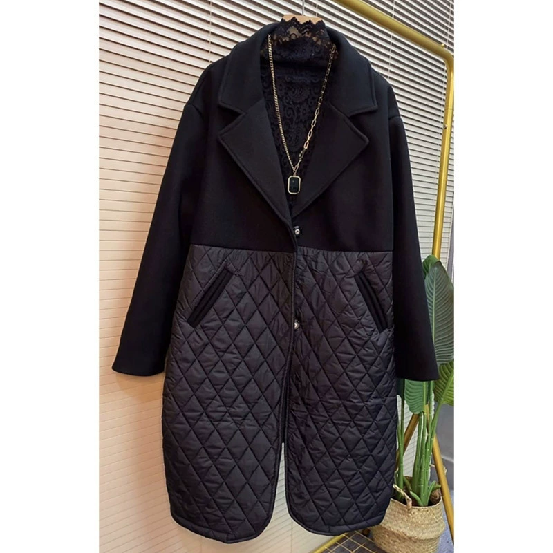 Европейский зимний ретро дизайн чувствует среднюю длинную художественную шерстяную сшитую вату утолщение, свободная тонкая хлопчатобумажная куртка