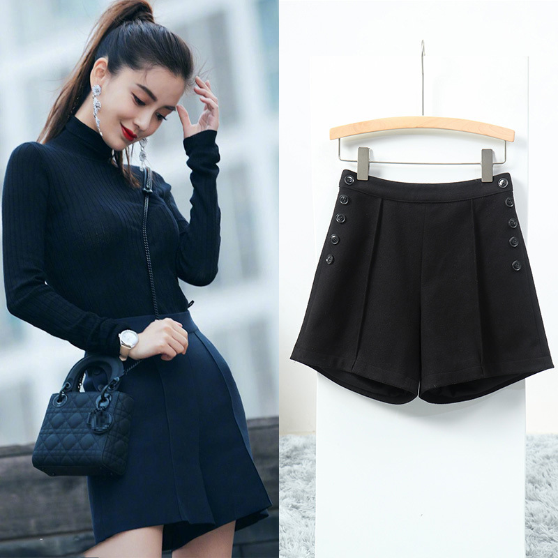 [Ready Stock]Yang Ying's Black Woolen Shorts For Women,Versatile Design,Slim Straight Leg,Wide Commuter High Waist Pants