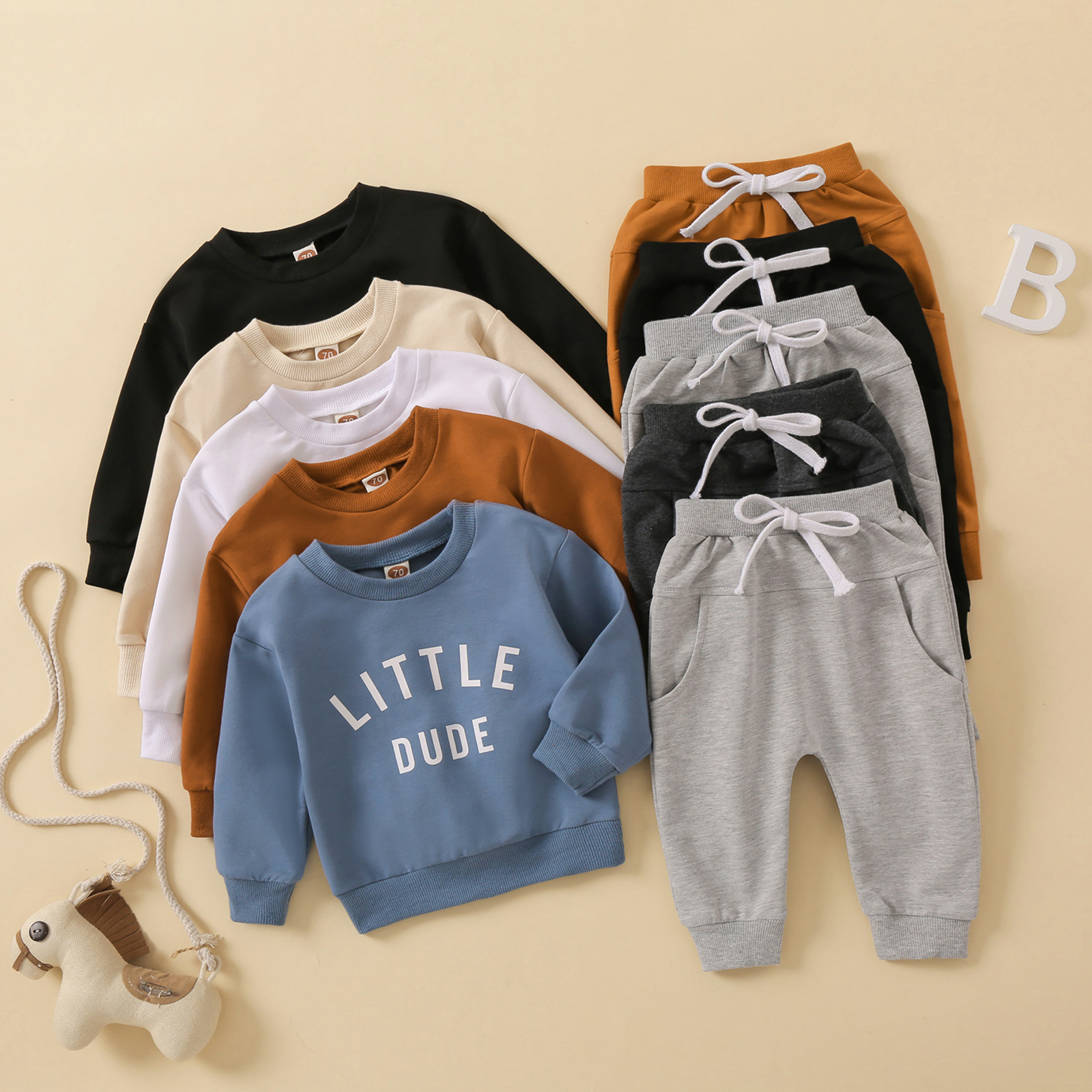 Children's Export Children's Clothing Round Neck Letter Printed Top Solid Color Trousers Two-Piece Set Multi-Color Factory Direct Sales Children's Clothing