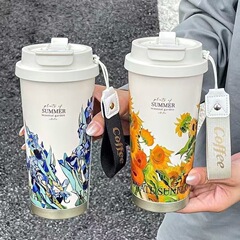 新款316不锈钢保温杯铃兰花咖啡杯高颜值双饮吸管提绳玲兰水杯子