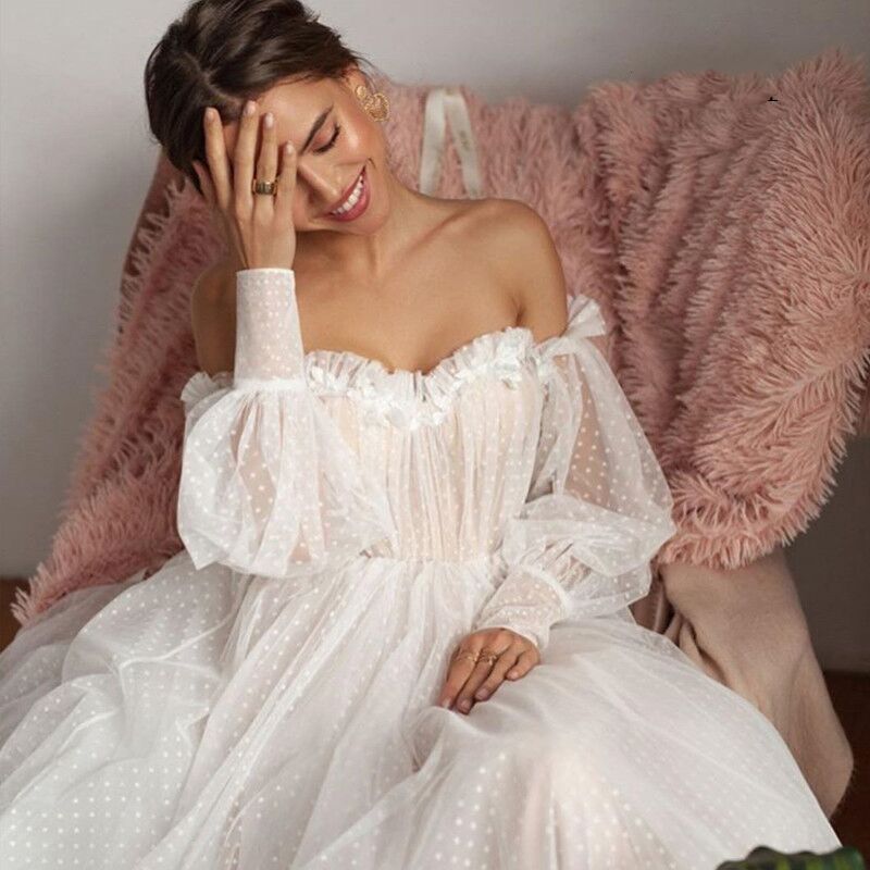 Vestido de Novia Elegante de Encaje con Mangas Abullonadas y Cola Corta de Tul, Estilo Europeo y Americano, para Comercio Exterior en Amazon y AliExpress