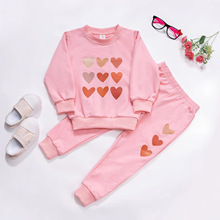 跨境粉色爱心儿童卫衣秋冬圆领衫两件套外贸儿童长袖上衣长裤套装